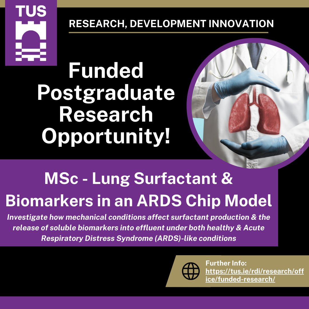 TUS - Research, Development & Innovation (@tus_rdi) on Twitter photo Are you interested in biotechnology, pharmacology or microbiology?
<a href="/TUS_ie/">Technological University of the Shannon</a> has a 2-year funded MSc Research opportunity focusing on modelling, production & analysis of potential Acute Respiratory Distress Syndrome biomarkers.
Info - tus.ie/rdi/research/o… Are you interested in biotechnology, pharmacology or microbiology?
<a href="/TUS_ie/">Technological University of the Shannon</a> has a 2-year funded MSc Research opportunity focusing on modelling, production & analysis of potential Acute Respiratory Distress Syndrome biomarkers.
Info - tus.ie/rdi/research/o…