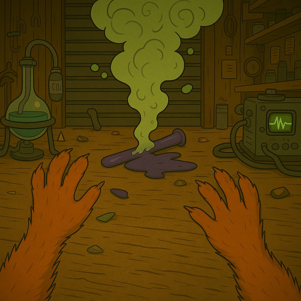 The reaction got out of control.
Thick smoke. Broken glass.
I’m… not sure, but something feels off.
My hands don’t feel like mine.
My hairy arms have become even hairier, and the room, everything looks insanely big.
It seems I’ve enlarged the lab…
Oh wait…
No way.
#Cryptonuts