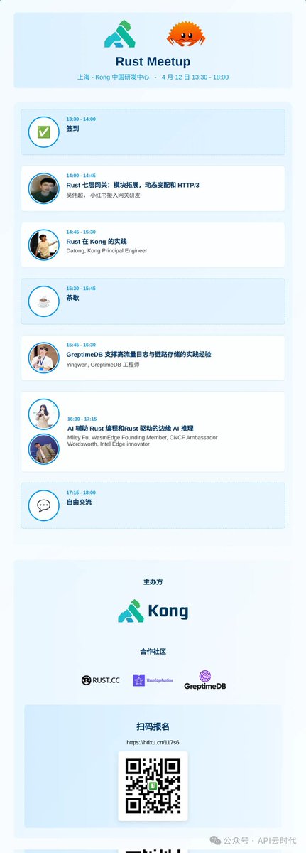 下周六，我们将在 Kong 中国研发中心（上海）举办一场 Rust meetup，将由来自 Kong、小红书、Intel、GreptimeDB 及 WasmEdge 等知名公司的技术专家分享 Rust 在网关，大规模数据处理，AI 和边缘计算等方面的热门话题 🔥欢迎大家来玩！ 🦍❤️🦀