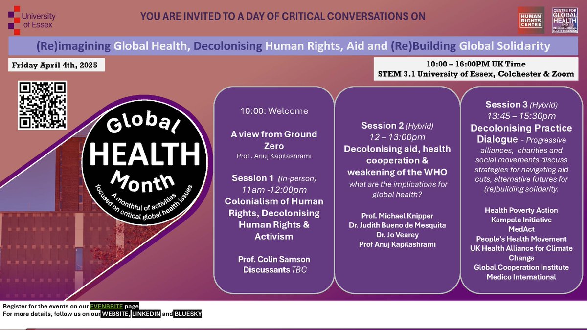 EVENT: (Re)imagining Global Health, Decolonising Human Rights, Aid and (Re)Building Global Solidarity
WHEN 📅: Friday 4 April, 10:00am-4:00pm
WHERE 📍: STEM3.1, University of Essex and Zoom

Registration required: eventbrite.co.uk/o/cghier-96774…