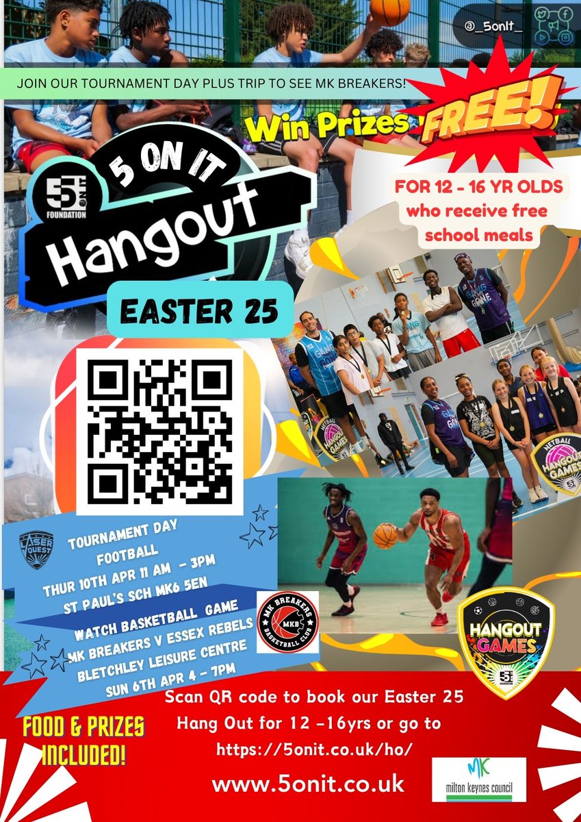 Calling 12 - 16 year olds who receive free school meals to sign up for our Spring FREE activities!
Sun 6/4  4 pm – 7 pm
See MK Breakers v Essex Rebels
Thur 10/4 11 am – 3 pm
Join our football tournament, at St Paul’s Catholic School. 
For full details:
📷 5onit.co.uk/ho/
