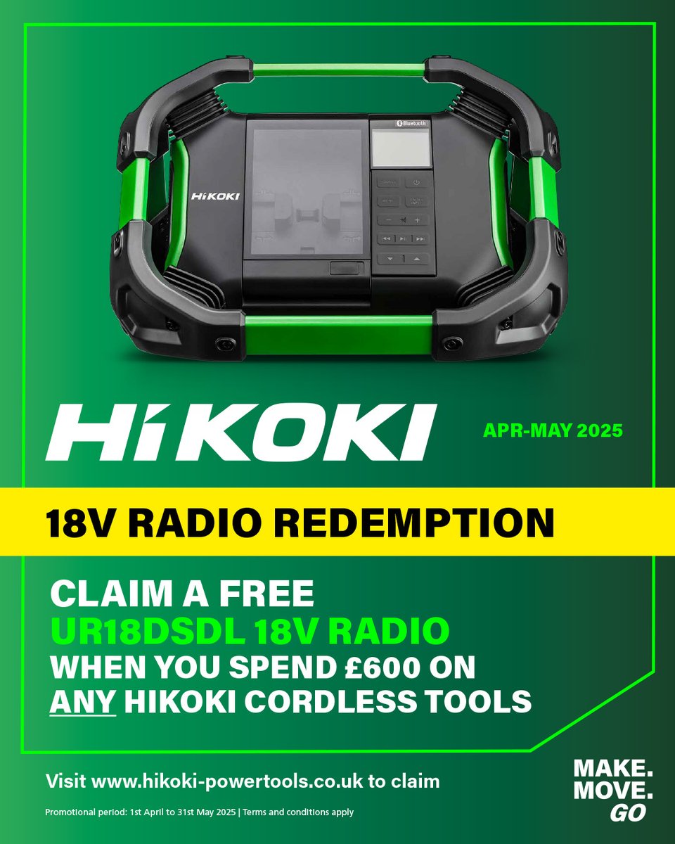 D & M Tools (@dm_tools) on Twitter photo Power Up with <a href="/HiKOKIUK/">HiKOKI Power Tools UK</a> and Get a Free Radio! 📷
Spend £600 INC VAT on HiKOKI cordless tools and claim a FREE UR18DSDL Cordless Radio.
Enjoy high-quality sound with DAB+ and Bluetooth connectivity.
dm-tools.co.uk/HiKOKI-Cordles… Power Up with <a href="/HiKOKIUK/">HiKOKI Power Tools UK</a> and Get a Free Radio! 📷
Spend £600 INC VAT on HiKOKI cordless tools and claim a FREE UR18DSDL Cordless Radio.
Enjoy high-quality sound with DAB+ and Bluetooth connectivity.
dm-tools.co.uk/HiKOKI-Cordles…