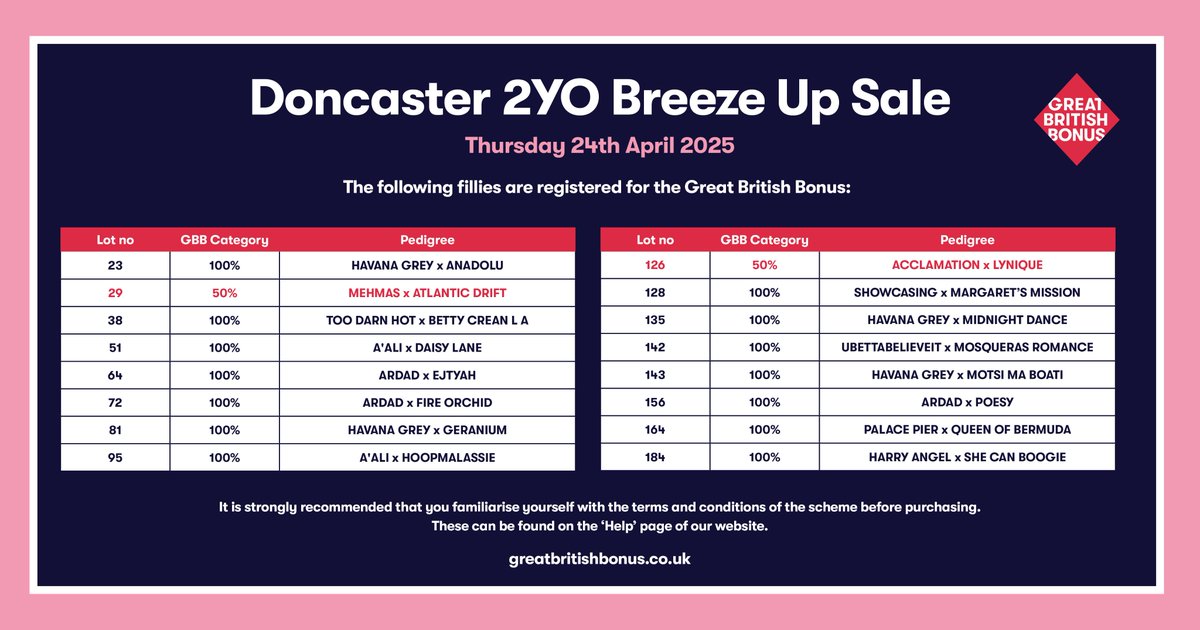 🚨 Sale Alert: 𝐃𝐨𝐧𝐜𝐚𝐬𝐭𝐞𝐫 𝐁𝐫𝐞𝐞𝐳𝐞 𝐔𝐩 𝐒𝐚𝐥𝐞 🚨
📅 23 - 24th April

All GBB fillies in this sale are fully registered ✅ The Stage 3 registration has already been paid - 𝐬𝐚𝐯𝐢𝐧𝐠 𝐲𝐨𝐮 £𝟓𝟎𝟎 - that's got to make them worth an extra bid or two! 

Buy a filly