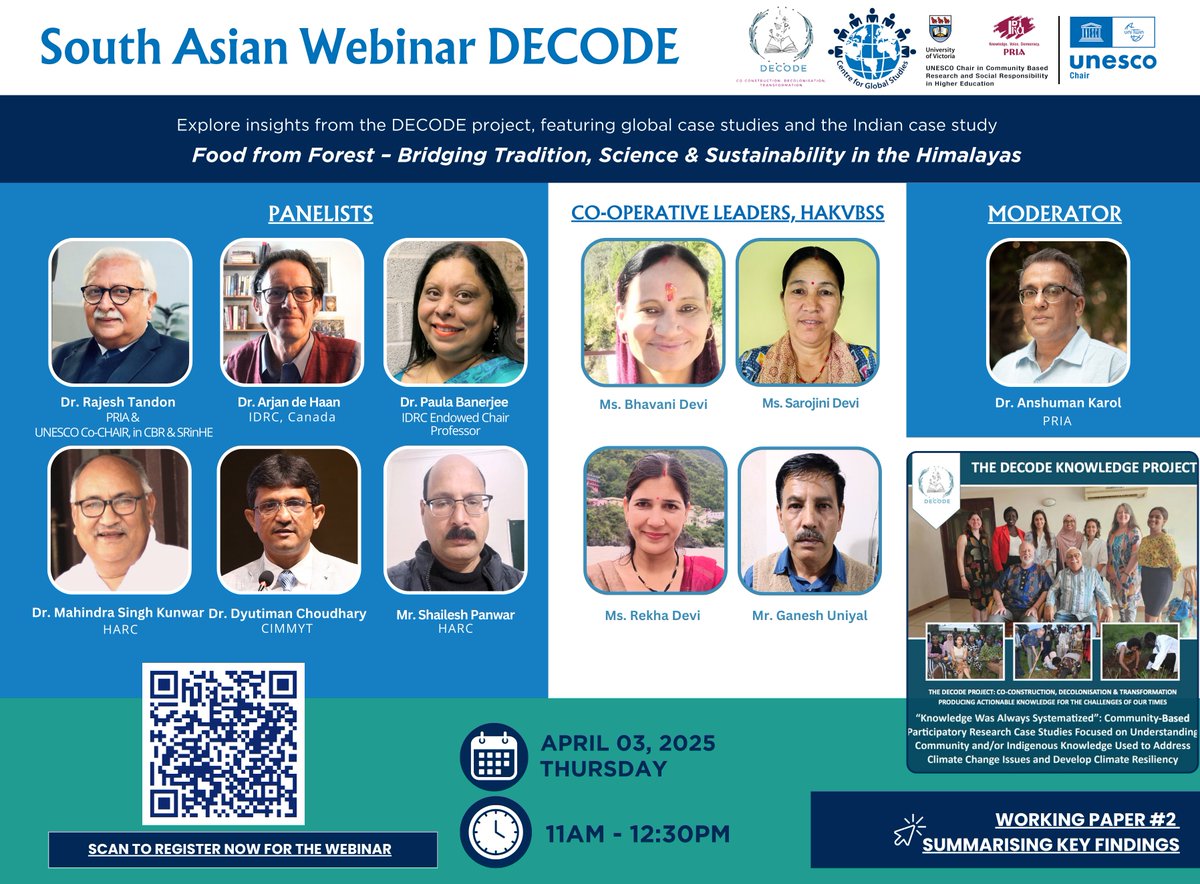 PRIA India (@pria_india) on Twitter photo Have you registered yet?
Join <a href="/UNESCOchairCBR/">UNESCO Chair in CBR & Social Responsibility of HE</a> #DECODE webinar on April 3, 2025 at 11 AM–12:30 PM IST.
Hear insights from the #Indian case study, "Food from Forest - Bridging Tradition, Science & Sustainability in the Himalayas.”.
Register now - tinyurl.com/5n92855x Have you registered yet?
Join <a href="/UNESCOchairCBR/">UNESCO Chair in CBR & Social Responsibility of HE</a> #DECODE webinar on April 3, 2025 at 11 AM–12:30 PM IST.
Hear insights from the #Indian case study, "Food from Forest - Bridging Tradition, Science & Sustainability in the Himalayas.”.
Register now - tinyurl.com/5n92855x