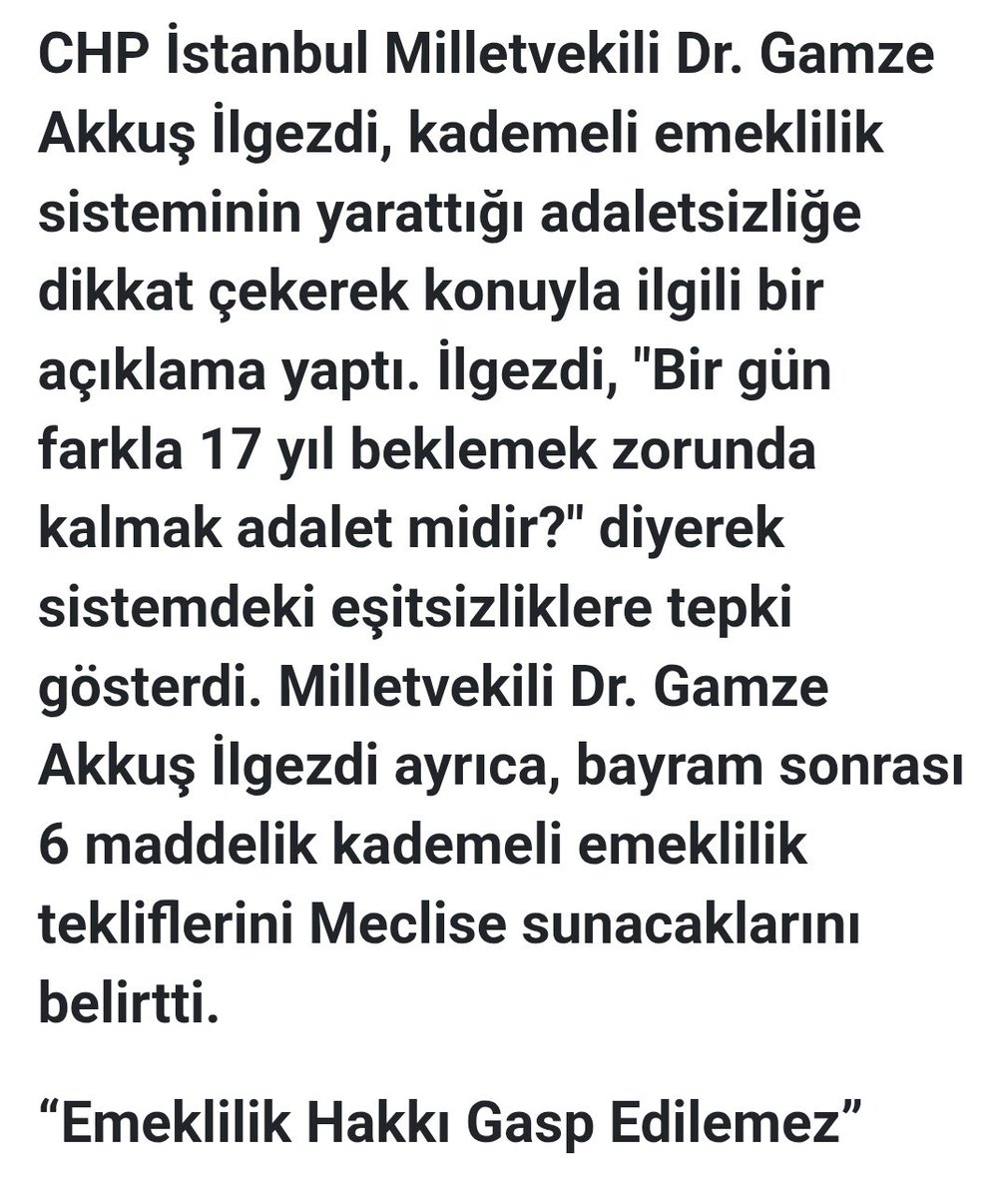 Teşekkürler <a href="/gamzeilgezdi/">Dr. Gamze Akkuş İlgezdi</a> <a href="/herkesicinCHP/">CHP 🇹🇷</a> <a href="/eczozgurozel/">Özgür Özel</a>
#KademeliEmeklilik