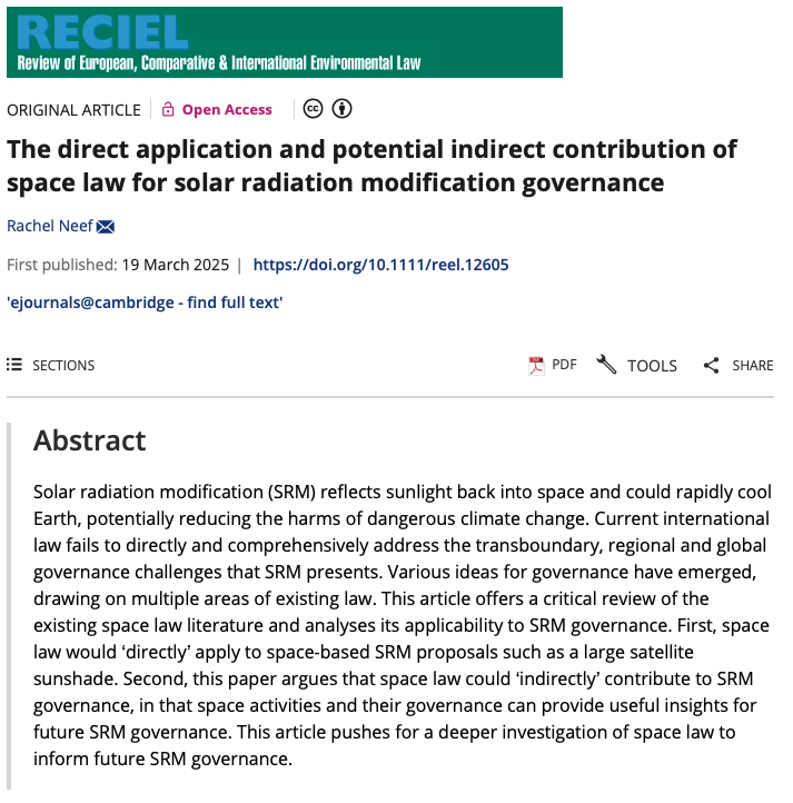 Satellites, Sunshades, Lunar dust. What if space law held the missing pieces for governing solar geoengineering? Rachel Neef (<a href="/UniofAdelaide/">Uni of Adelaide</a>) explores how space treaties—meant for the stars—could shape the future of solar radiation modification on Earth

doi.org/10.1111/reel.1…