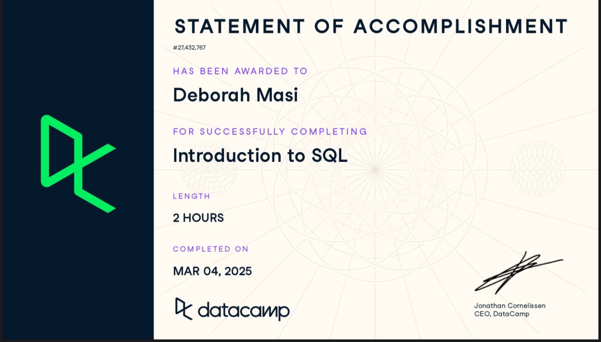 ChimelaMasi's tweet image. Special thanks to @Datacamp &amp;amp; @DevCareer for this incredible opportunity! 🎯

#dcdonates #BuildInPublic  
#DevCareerXDataCamp
#LearningWithDataCamp 
@codenney