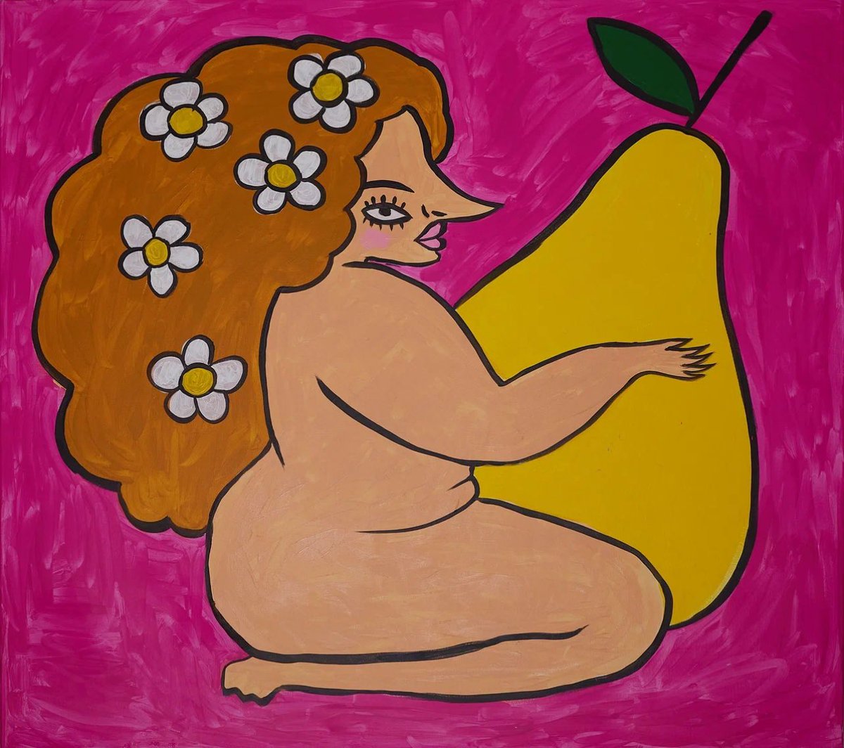 Vanilina777's tweet image. The painting "can be eaten"appeared at the junction of irony and philosophy. 
It is a witty and at the same time deep work in which naive stylistics serves as a means to express serious topics. This is a picture about femininity, body, pleasure and nature