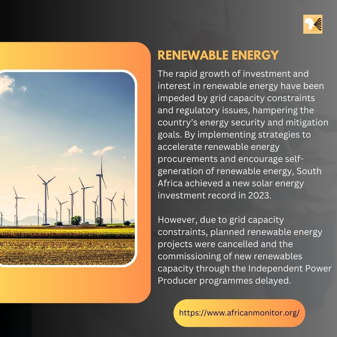 South Africa hit a new record for solar energy investment in 2023! ☀️💡 But grid constraints &amp; red tape still slow progress—projects canceled, new capacity delayed. We need stronger infrastructure &amp; policies to power a greener future! #RenewableEnergy #SolarPower #EnergySecurity