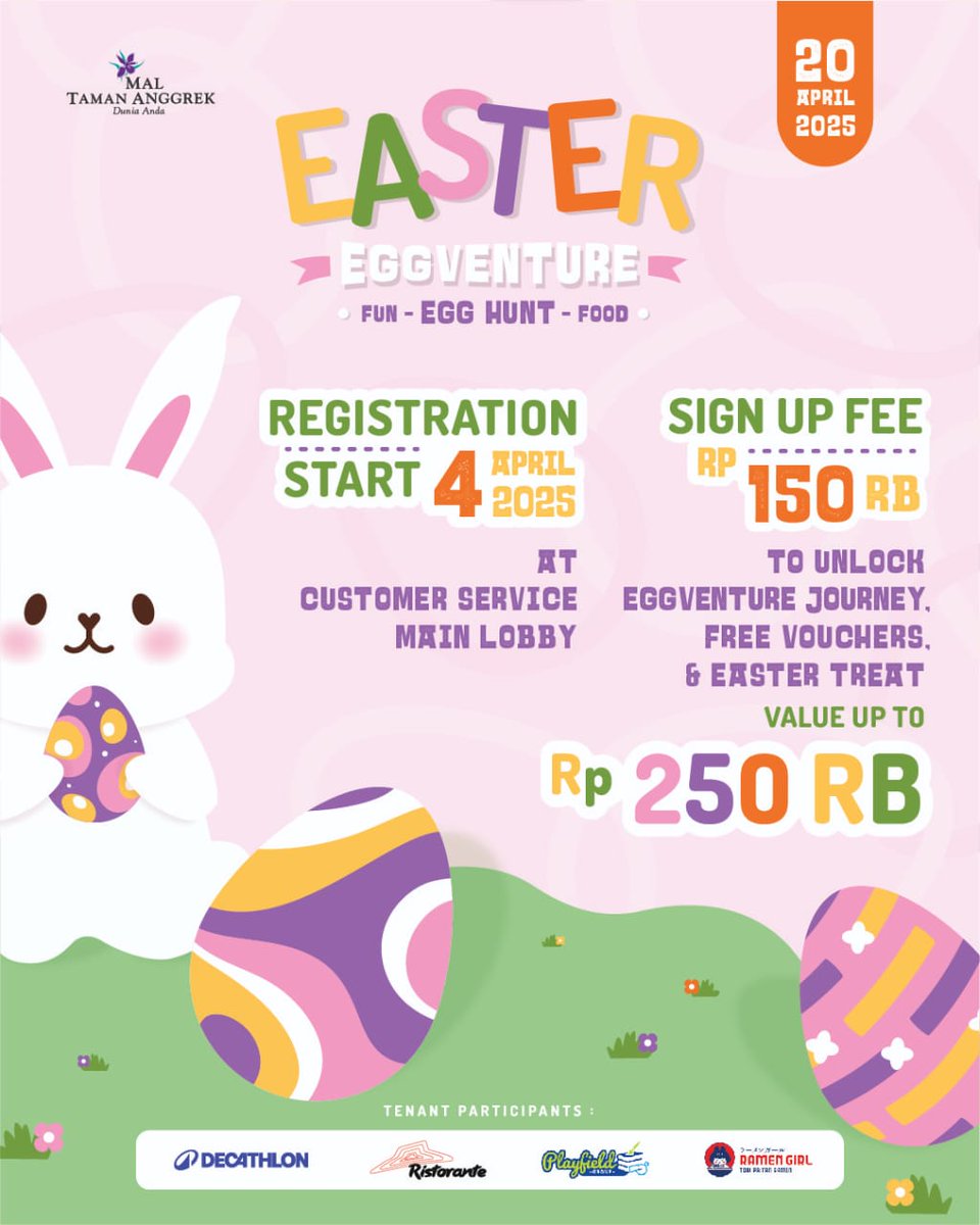 🐣 EASTER EGGVENTURE 2025 🌸

Ayo segera daftarkan dirimu untuk bergabung di Easter Eggventure di Mal Taman Anggrek! 🎉

📅 Registrasi dibuka: Mulai 4 April 2025
📍 Lokasi: Customer Service Counter, Main Lobby

Jangan sampai ketinggalan! Kuota terbatas, daftar dirimu segera!