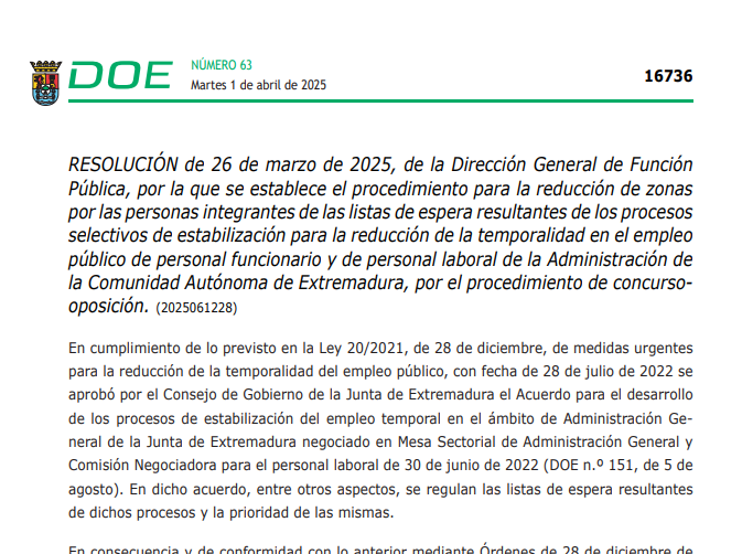 ADPSE_'s tweet image. 🟢#RESOLUCIÓN de 26 de marzo de 2025, de la Dirección General de Función Pública. #Procesosselectivos de #estabilización para la reducción de la temporalidad en el empleo público 

doe.juntaex.es/pdfs/doe/2025/…

#DOE #Extremadura #concursooposición #temporalidad