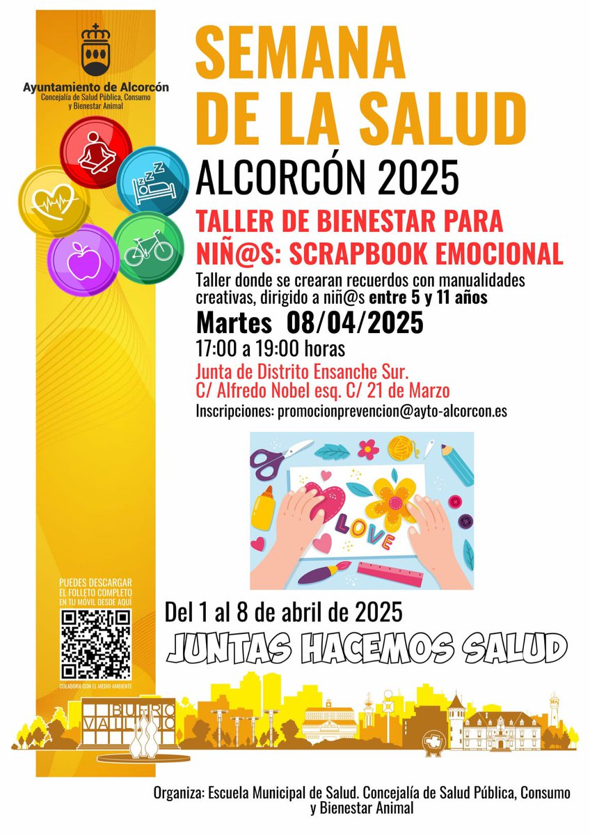 Salud Pública y Consumo (@alcorconsalud) on Twitter photo ‼️ CAMBIO DE FECHA ACTIVIDAD SEMANA DE LA SALUD‼️
“Taller de Bienestar para Niños: #Scrapbook emocional”, reprogramado:
🗓️ Martes, 8 de abril.
⏰ 17:00-19:00h.
📍Junta de Distrito Ensanche Sur <a href="/EnsancheSurJMD/">JMD Ensanche Sur Alcorcón</a> .
INSCRIPCIONES 👉 promocionprevencion@ayto-alcorcon.es ‼️ CAMBIO DE FECHA ACTIVIDAD SEMANA DE LA SALUD‼️
“Taller de Bienestar para Niños: #Scrapbook emocional”, reprogramado:
🗓️ Martes, 8 de abril.
⏰ 17:00-19:00h.
📍Junta de Distrito Ensanche Sur <a href="/EnsancheSurJMD/">JMD Ensanche Sur Alcorcón</a> .
INSCRIPCIONES 👉 promocionprevencion@ayto-alcorcon.es