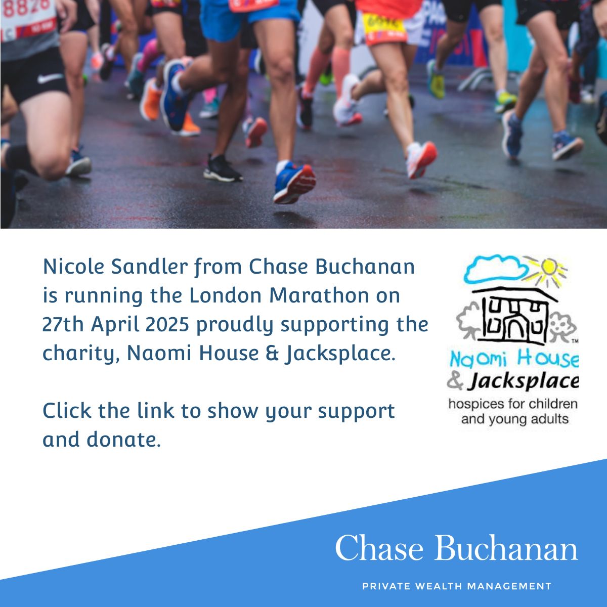Support Chase Buchanan Private Wealth Manager Nicole Sandler who is running the London Marathon in support of the hospices for children and young adults, Naomi House &amp; Jacksplace: 2025tcslondonmarathon.enthuse.com/pf/nicole-sand…
#LondonMarathon2025 #naomihouse #chasebuchananwm