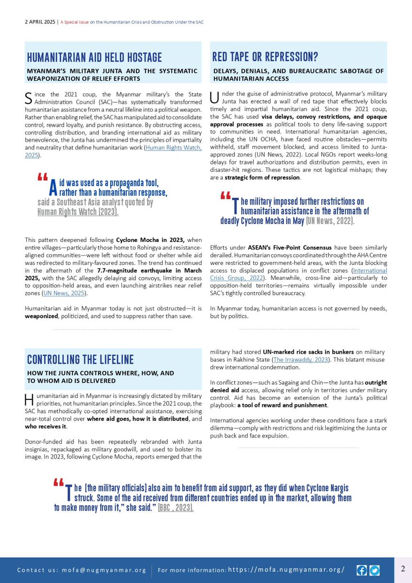 NUGMyanmar's tweet image. SPECIAL ISSUE, 2 APRIL 2025
MYANMAR UPDATES
Published by Ministry of Foreign Affairs, National Unity Government of the Republic of the Union of Myanmar

AID UNDER ATTACK: 
How Myanmar&apos;s Military Junta is Weaponizing Humanitarian Relief

#HelpMyanmarQuake