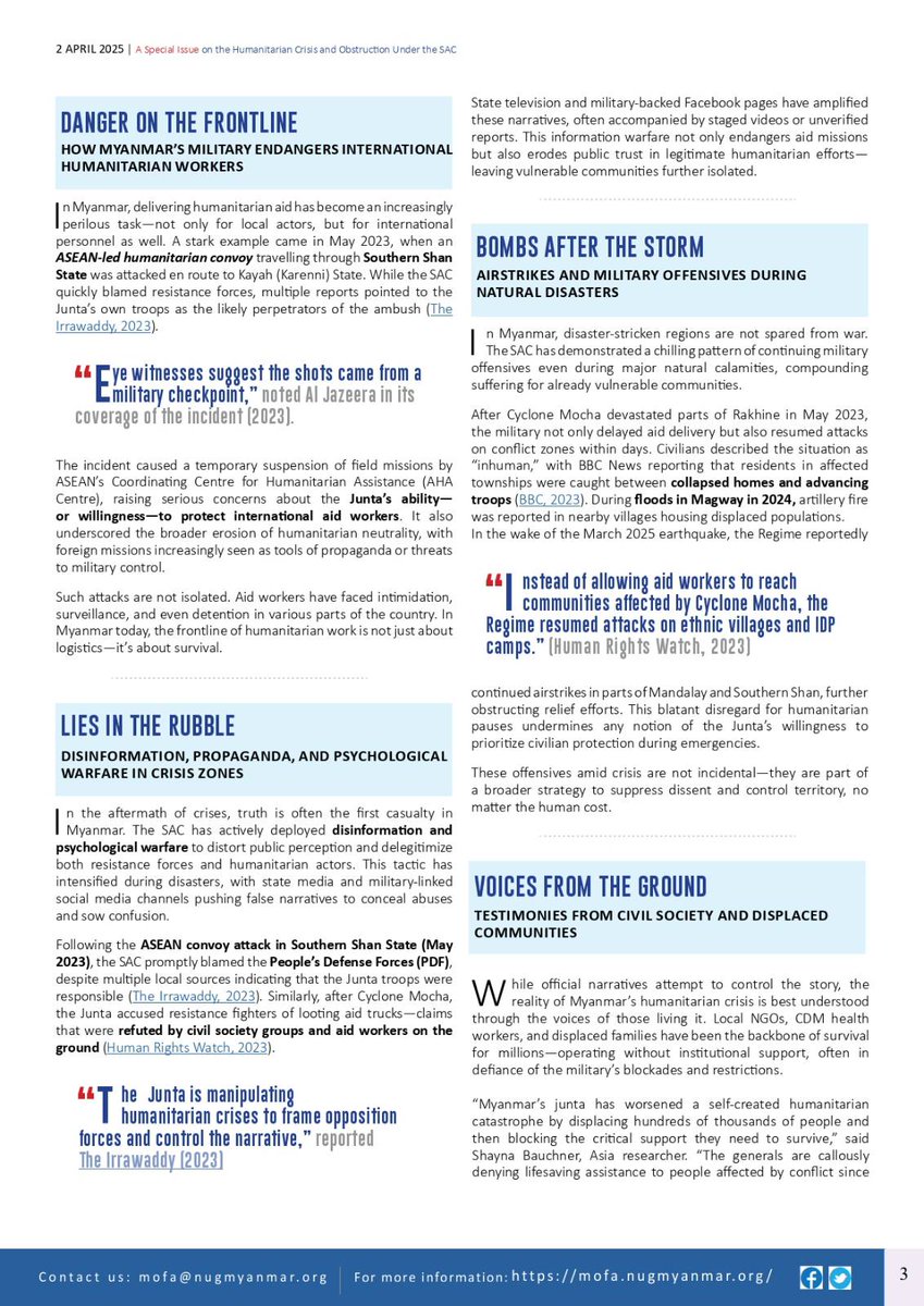 NUGMyanmar's tweet image. SPECIAL ISSUE, 2 APRIL 2025
MYANMAR UPDATES
Published by Ministry of Foreign Affairs, National Unity Government of the Republic of the Union of Myanmar

AID UNDER ATTACK: 
How Myanmar&apos;s Military Junta is Weaponizing Humanitarian Relief

#HelpMyanmarQuake