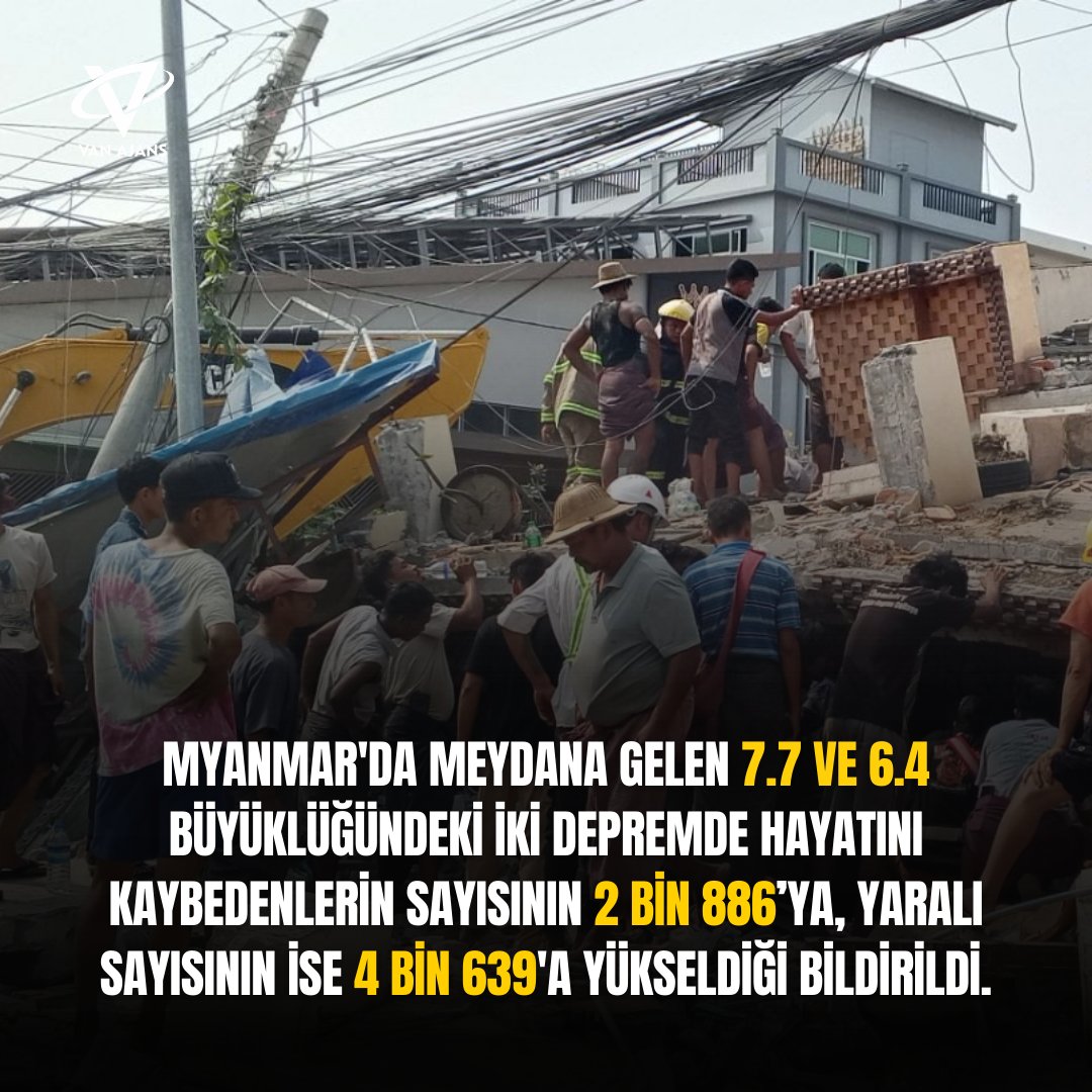 Myanmar'da meydana gelen 7.7 ve 6.4 büyüklüğündeki iki depremde hayatını kaybedenlerin sayısının 2 bin 886’ya, yaralı sayısının ise 4 bin 639'a yükseldiği bildirildi.