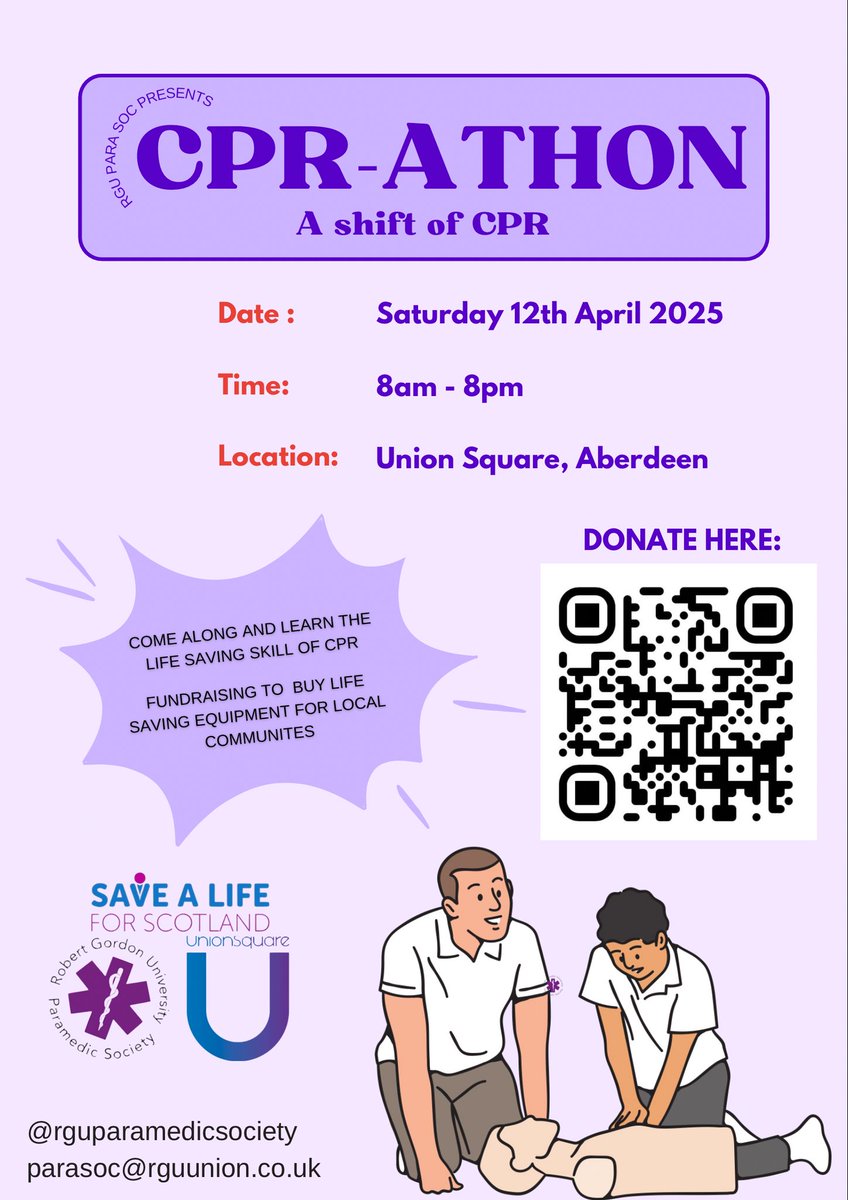 SaveALifeForScotland (@savealifescot) on Twitter photo In Aberdeen on 12th April? Why not join paramedic students from <a href="/RobertGordonUni/">Robert Gordon University (RGU)</a> teaching #CPR and fundraising for the local community #cprathon 👏❤️👇
<a href="/SASWildcat/">SAS Wildcat Cardiac Responders</a>
<a href="/StAFirstAid/">St Andrew's First Aid</a>
<a href="/PoliceScotland/">Police Scotland</a>
<a href="/fire_scot/">Scottish Fire and Rescue Service</a>
<a href="/rguunion/">RGU:Union</a>
<a href="/RGUParamedics/">RGUParamedics</a>
<a href="/RGUParaSoc/">RGUParamedicSociety</a>
<a href="/UnionSqAberdeen/">Union Square</a> In Aberdeen on 12th April? Why not join paramedic students from <a href="/RobertGordonUni/">Robert Gordon University (RGU)</a> teaching #CPR and fundraising for the local community #cprathon 👏❤️👇
<a href="/SASWildcat/">SAS Wildcat Cardiac Responders</a>
<a href="/StAFirstAid/">St Andrew's First Aid</a>
<a href="/PoliceScotland/">Police Scotland</a>
<a href="/fire_scot/">Scottish Fire and Rescue Service</a>
<a href="/rguunion/">RGU:Union</a>
<a href="/RGUParamedics/">RGUParamedics</a>
<a href="/RGUParaSoc/">RGUParamedicSociety</a>
<a href="/UnionSqAberdeen/">Union Square</a>