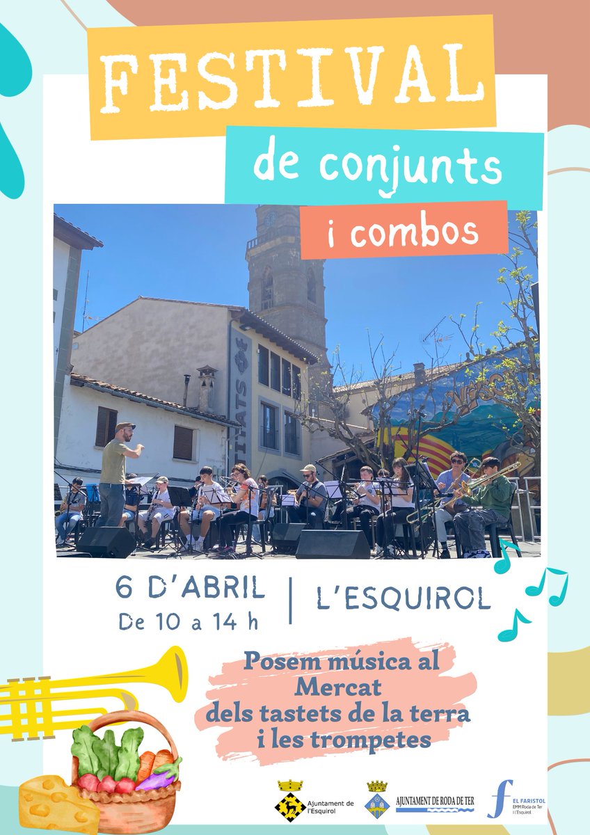 Aquest diumenge ens trobareu al Mercat dels tastets de la terra i les trompetes de l'Esquirol, repartits en 2 escenaris, posant música amb els conjunts i combos de l'escola.🎶🎶 #escolademusica #emmfaristol #mercatdelstastetsdelaterrailestrompetes #conjuntsicombos