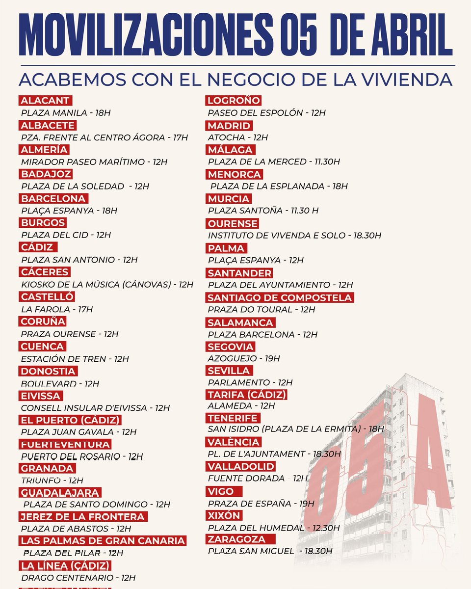 🔴El sábado saldremos a las calles de decenas de ciudades contra el negocio de la vivienda, contra los rentistas, bancos y políticos que se enriquecen a nuestra costa, para exigir acceso universal y gratuito a viviendas de calidad para la clase obrera.

Zgz➡️18:30h Pz San Miguel
