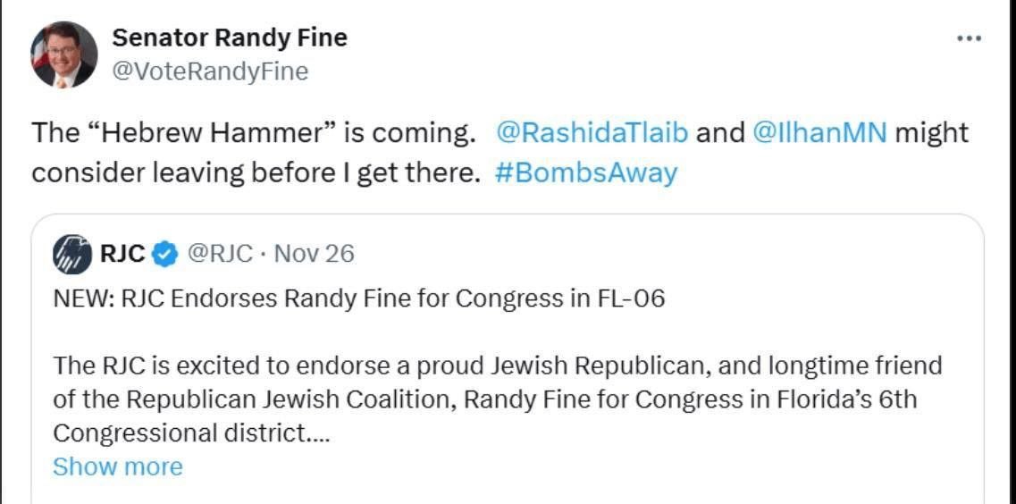 Cntrnrrzn's tweet photo. 📢🇺🇸🇮🇱—#Repubblicano che gioiva per i bambini morti eletto alla Camera #USA.
Il senatore dello Stato della Florida Randy Fine ha vinto la corsa alla Camera contro il democratico Josh Weil dopo aver ricevuto il pieno appoggio di Donald Trump.
Fine è noto per la sua strenua difesa di Israele e in passato si è definito "il Martello ebreo".
Ha ripetutamente invocato il genocidio e ha tristemente espresso la sua gioia alla vista su X di un bambino palestinese morto sotto le macerie.
🇮🇹Segui Contronarrazione