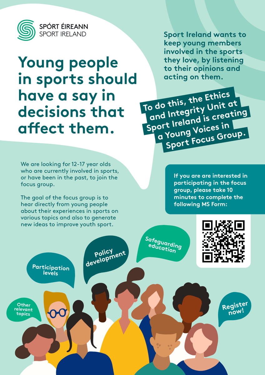 Express your interest in joining the Sport Ireland Young Voices Focus Group.  
Aged between of 12 – 17 years old? 
Do you play sport or have stopped recently?  
Want to help improve sport for children and young people? 
Register interest below:
forms.office.com/e/pHz7exLC5g