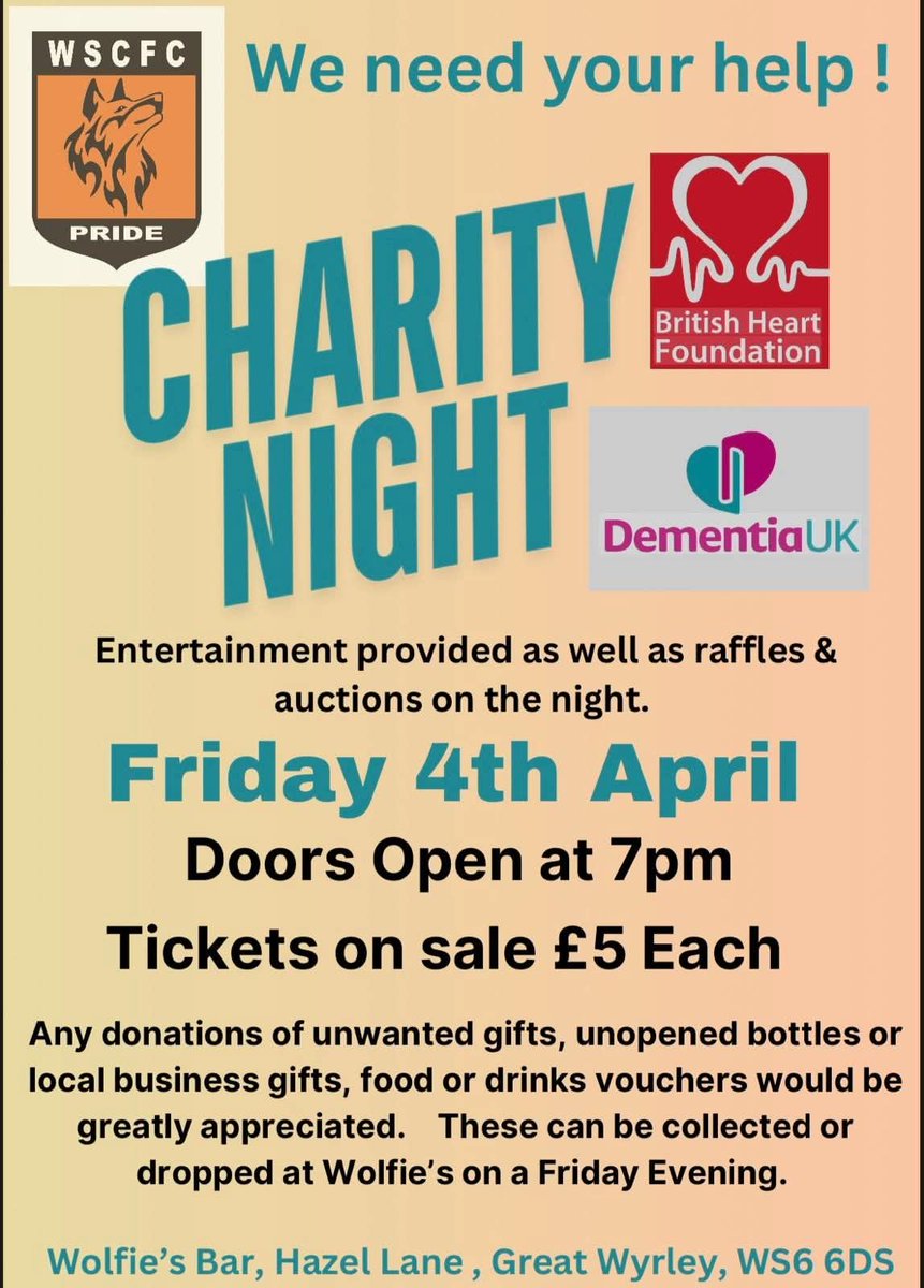 🟠⚫️ CHARITY NIGHT FRIDAY ⚫️🟠

In aid of <a href="/TheBHF/">British Heart Foundation</a> &amp; <a href="/DementiaUK/">Dementia UK</a> 

This Friday at 7pm

Entertainment, Raffles, Auctions.

Entry £5 - Kids Free

Please come down and show your support for 2 fantastic Charities.

🟠🐺

.