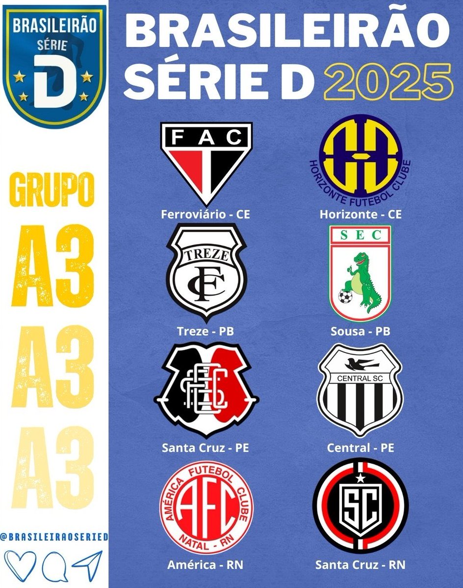 Vem aí a Série D! 

Colocaram o Papai num grupo enjoado, a Bombonera vai precisar jogar duro. 

Estrearemos no dia 12/04 às 17hs contra o Santa Cruz RN em Natal. 

#MaiorDoSertao 
#VamoSubirDino