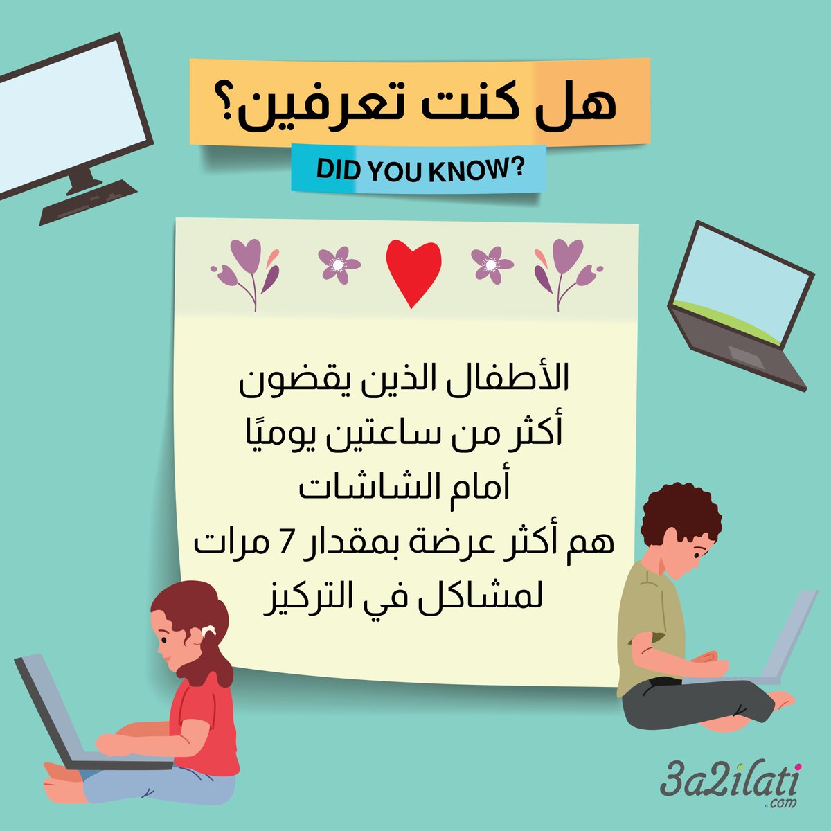 3a2ilati's tweet image. كم ساعة يقضيها طفلك أمام الشاشة يوميًا؟ 🤔
.
.
.
#عائلتي #3a2ilati #didyouknow3 #children #الاطفال #screentime