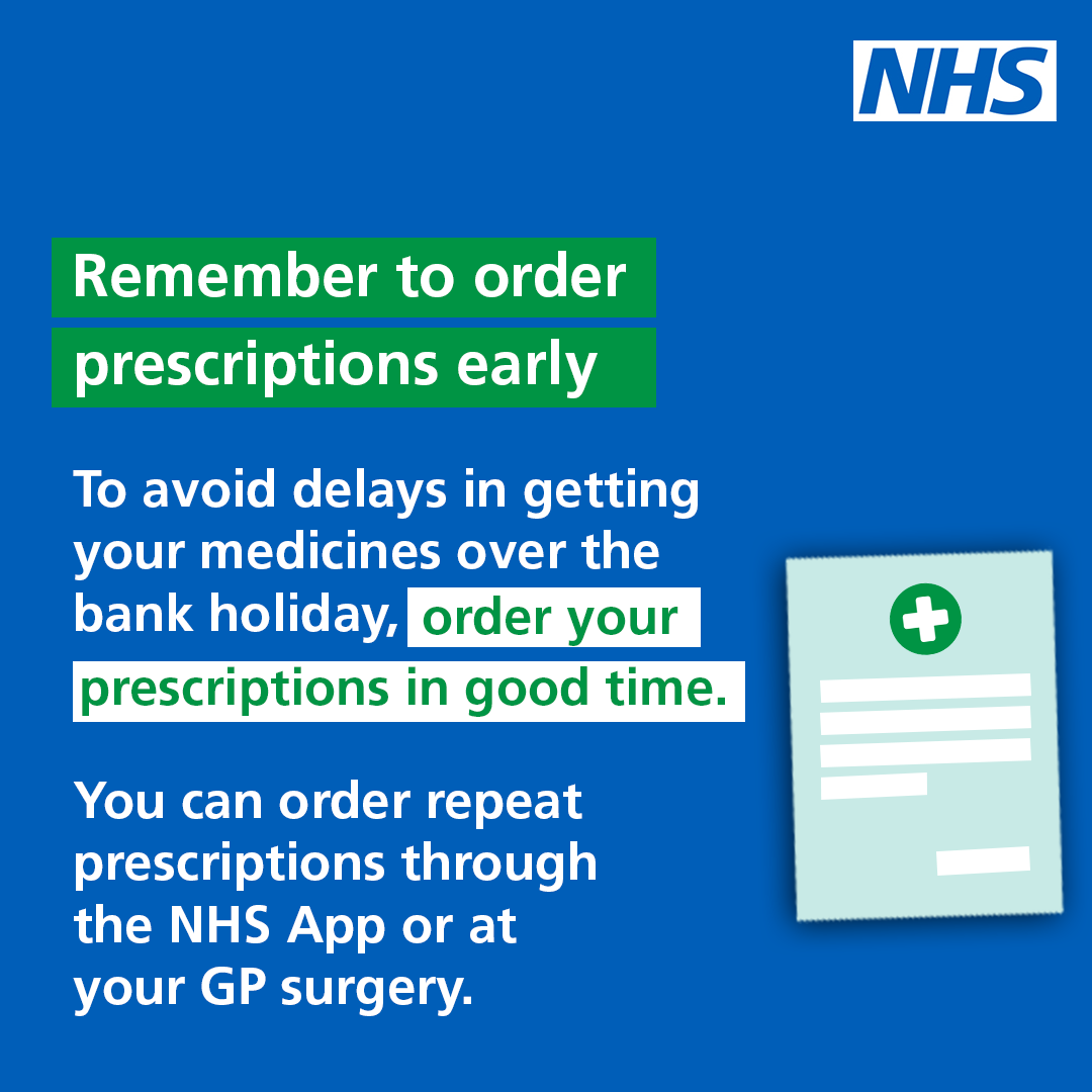 NEWS: North West Chief Pharmacist urges people to order repeat prescriptions ahead of #Easter🐤

With the Easter bank holidays coming soon, please order your repeat prescriptions by Friday 11 April, and remember to collect them before the bank holidays.

➡️england.nhs.uk/north-west/202…