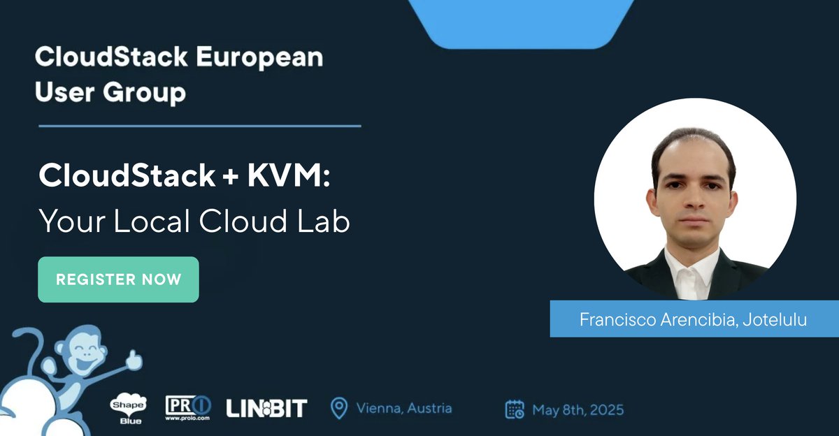 CloudStack's tweet photo. Francisco Arencibia's #CSEUG2025 session will guide attendees through the process of creating a fully functional #CloudStack-powered private cloud on a local machine or server, using #KVM as the hypervisor and #Ansible for automation.

Register now!

👉 https://t.co/lJM1C64xNV https://t.co/AMZaJ7Y3JA