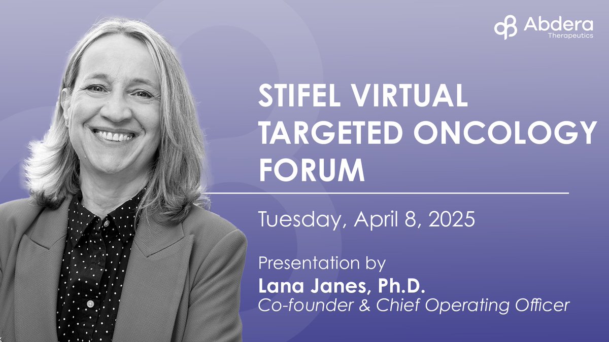 Abdera co-founder and COO, Lana Janes, Ph.D., will present at the <a href="/Stifel/">Stifel</a> Virtual Targeted Oncology Forum. We look forward to continuing to share our mission in developing new precision #radiotherapeutics to treat a broad range of solid tumors.