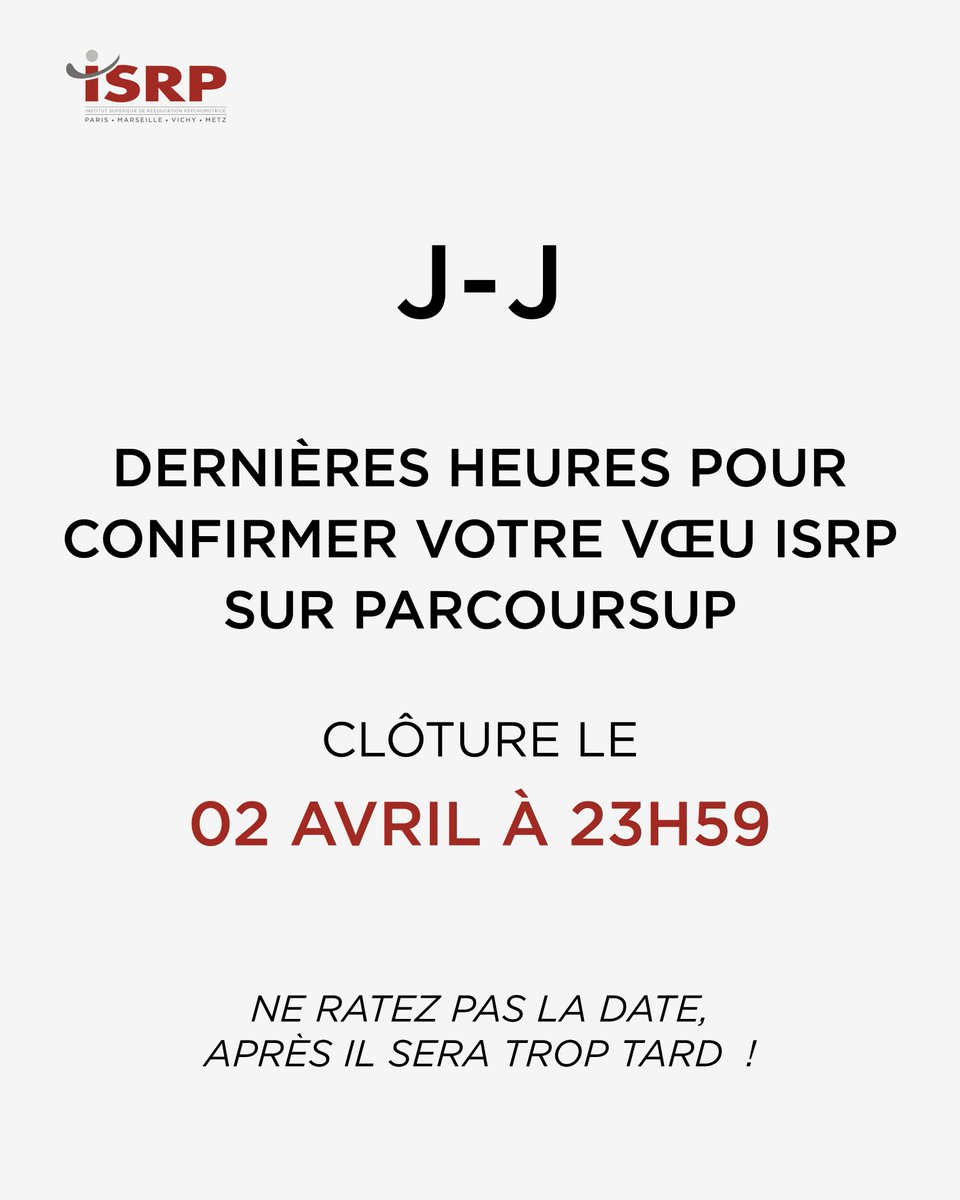 99% des étudiants de l’ISRP Paris, Marseille et Vichy ont obtenu le Diplôme d’État de Psychomotricien en 2024.

⚠️ Pour nous rejoindre en septembre 2025, il ne reste plus que quelques heures pour confirmer votre vœu ISRP sur <a href="/parcoursup_info/">Parcoursup</a> ! Finalisez votre dossier avant 23h59.