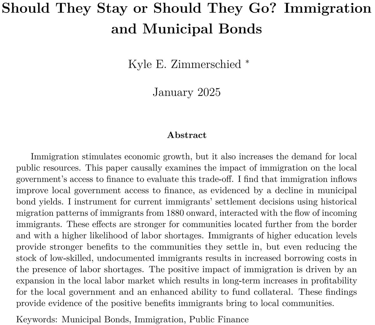 The Virtual Municipal Finance Workshop meets TODAY, 4/2, at 11am EDT!

Our presentations will be by Ryan Israelsen (Michigan State University) and Kyle Zimmerschied (University of Missouri) covering topics in muni finance and immigration

Papers and Zoom: muni-workshop.com
