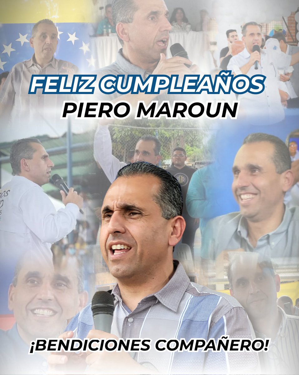Desde la Secretaría de Organización Nacional de <a href="/ADemocratica/">Acción Democrática</a> felicitamos a nuestro compañero <a href="/PieroMaroun/">Piero Maroun</a> hoy en su cumpleaños. Deseándole mucha salud y fortaleza para que continúe al servicio de nuestro partido y de Venezuela. Incansable dirigente, buen amigo y compañero, padre