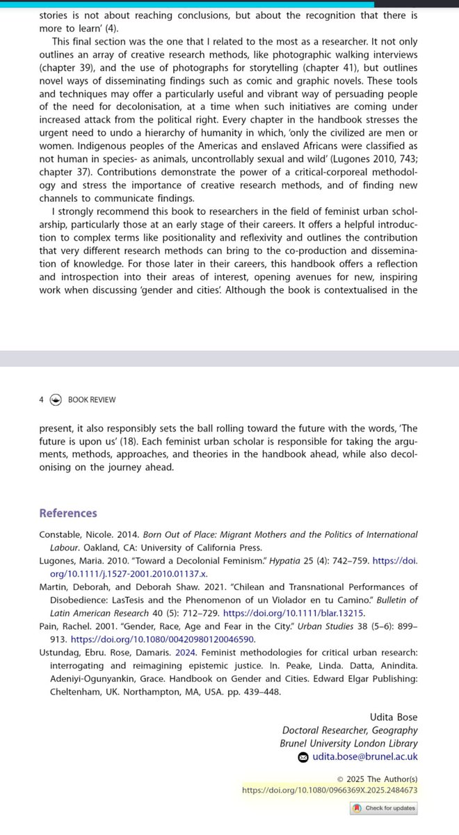 I wrote a book review for the Gender, Place and Culture Journal, Routledge.

Handbook on gender and cities.

Here is the link to the entire review. 
tandfonline.com/eprint/IYYEH37… 

Many thanks to <a href="/GPCjournal/">Gender, Place and Culture</a> for your support throughout the journey. 

<a href="/BrunelResearch/">Brunel Research</a> <a href="/Bruneluni/">Brunel University of London</a>