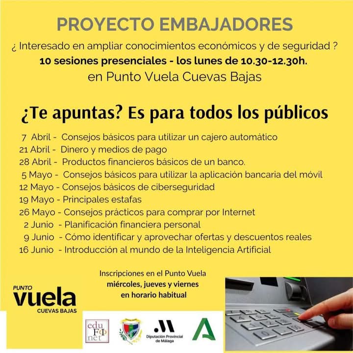 En Punto Vuela Cuevas Bajas se va a comenzar una formación para mayores de 18 años en colaboración con Edufinet.