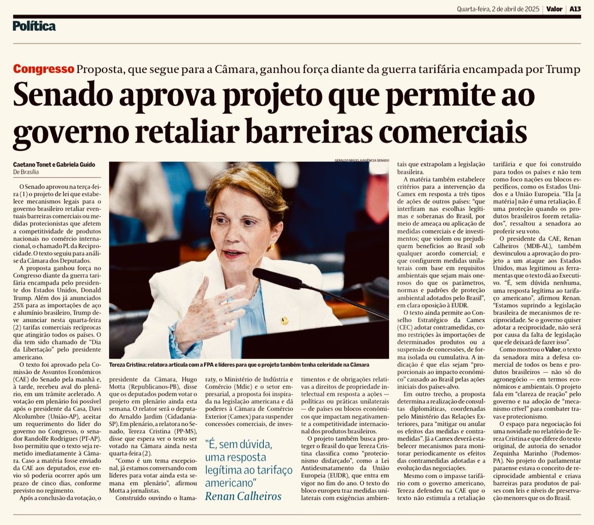 “É, sem dúvida nenhuma, uma resposta legítima ao tarifaço americano. Estamos suprindo a legislação brasileira de mecanismos de reciprocidade”, afirmou ⁦<a href="/renancalheiros/">Renan Calheiros</a>⁩, presidente da CAE, a <a href="/tonetcamargo/">Caetano Tonet Camargo</a>⁩ e ⁦<a href="/gabrielatguido/">Gabriela Guido</a>⁩ cc ⁦⁦⁦<a href="/rvitoria/">Rafaela Vitoria</a>⁩ <a href="/reztirps/">Andre Spritzer</a>