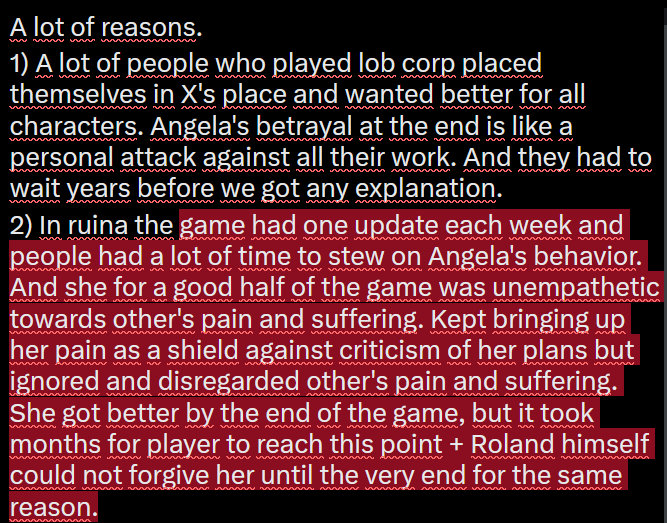 Painter_robot's tweet photo. @TheTsunul A lot of reasons.

TLDR Big number of people have been stewing in examples of Angela's behavior at her worst for years and are biased. https://t.co/lGXU1BnG8G