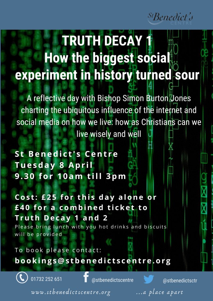 St Benedict's Centre (@stbenedictsctr) on Twitter photo Truth Decay 1 on 8th April will explore how Silicon Valley’s promise of a new networked world is being built on sand, not rock. The first of two linked reflective days on the influence of the internet and electronic social media. To book: bookings@stbenedictscentre.org Truth Decay 1 on 8th April will explore how Silicon Valley’s promise of a new networked world is being built on sand, not rock. The first of two linked reflective days on the influence of the internet and electronic social media. To book: bookings@stbenedictscentre.org