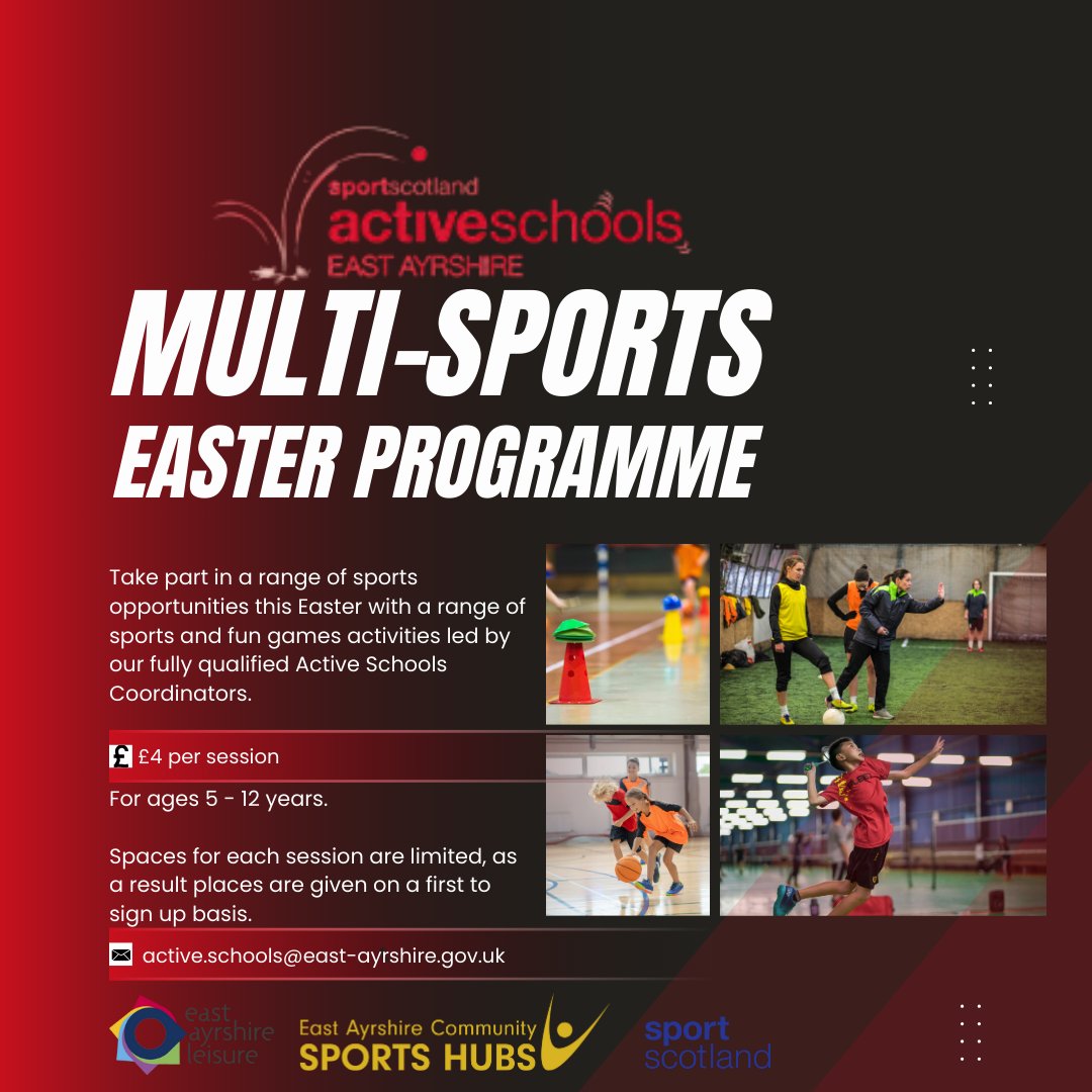 We will be delivering the popular Easter Multi-Sports 
 designed for children aged 5-12 to experience a range of sports and fun games while improving confidence, co-ordination and communication.
Book by clicking the link below or at any Leisure Centre:
eastayrshireleisure.com/across-the-tru…