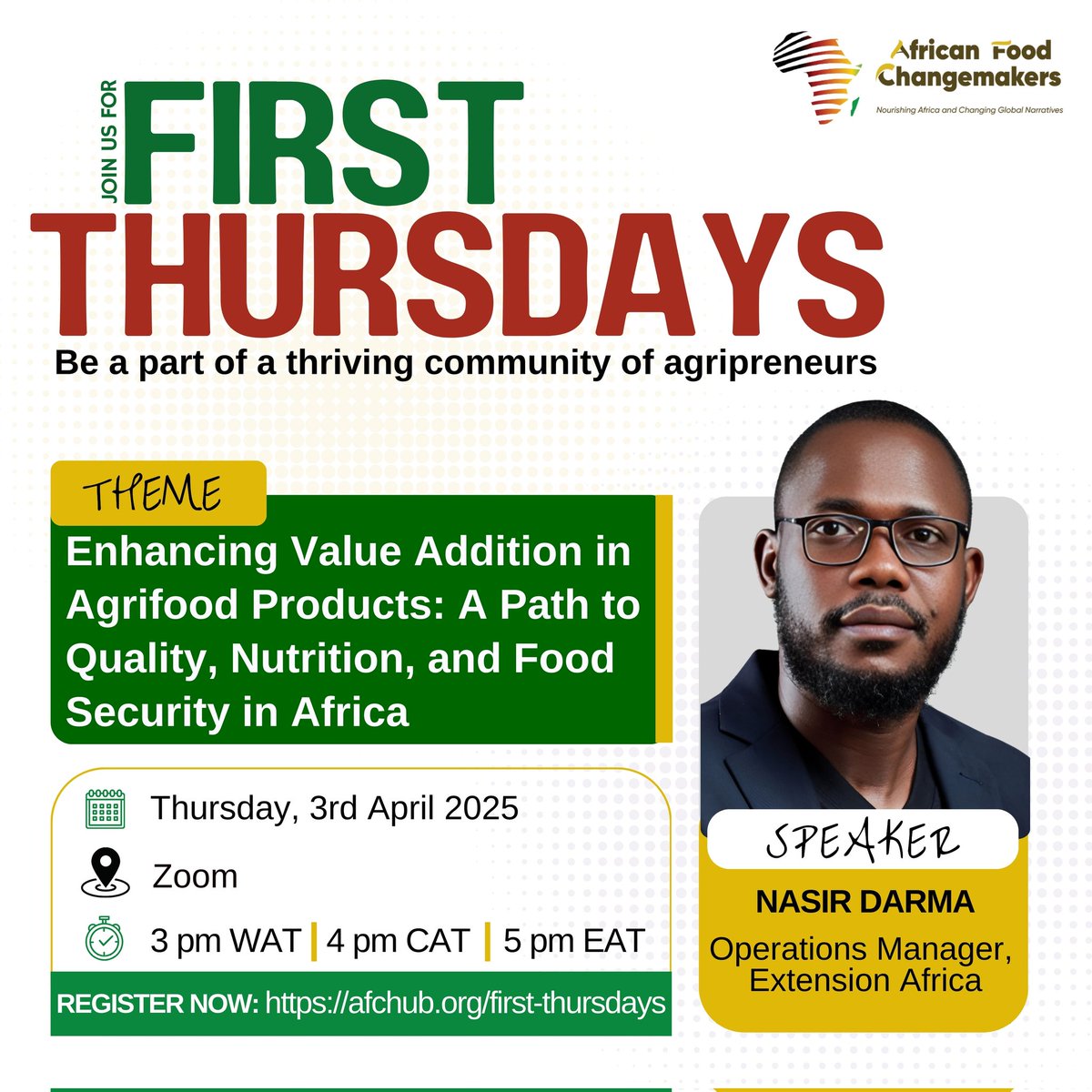 Value addition in agrifood products is key to improving quality, nutrition, and food security in Africa. But how can agripreneurs effectively enhance their products to meet market demands?  

Register now:afchub.org/first-thursday…

#Agriculturejob