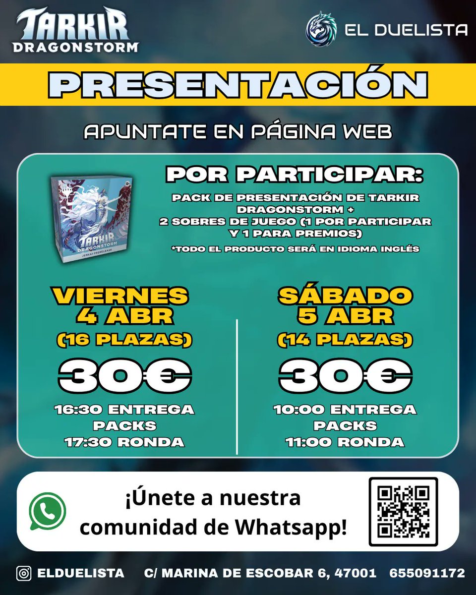 🐉 Presentaciones este viernes y sábado en El Duelista. ¿Estás listo para desatar la furia de los dragones? 🐲🔥

📅 Reserva tu plaza y vive la experiencia antes del lanzamiento.

#MTGTarkir #Dragonstorm #MagicTheGathering #PreRelease #ElDuelista
