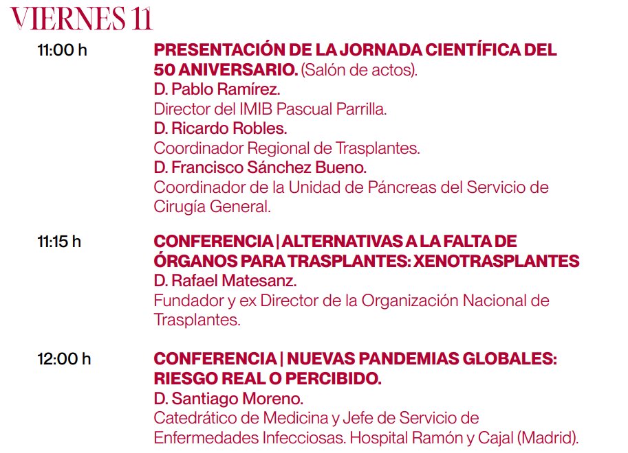 Área 1 Arrixaca (@areaunoarrixaca) on Twitter photo El viernes tenemos jornada científica de excepción por el #50aniversarioArrixaca
🗣️Rafael Matesanz y Santiago Moreno ofrecerán sendas conferencias.
🗓️Viernes 11 abril
⏰11h
📍Salón de actos Arrixaca
<a href="/ONT_esp/">Organización Nacional de Trasplantes</a> <a href="/infecciosasryc/">Enfermedades Infecciosas RyC - @infecciosasryc.bsk</a> <a href="/Murciasalud/">Murciasalud</a> <a href="/IMIB_RMurcia/">Instituto Murciano de Investigación Biosanitaria</a> El viernes tenemos jornada científica de excepción por el #50aniversarioArrixaca
🗣️Rafael Matesanz y Santiago Moreno ofrecerán sendas conferencias.
🗓️Viernes 11 abril
⏰11h
📍Salón de actos Arrixaca
<a href="/ONT_esp/">Organización Nacional de Trasplantes</a> <a href="/infecciosasryc/">Enfermedades Infecciosas RyC - @infecciosasryc.bsk</a> <a href="/Murciasalud/">Murciasalud</a> <a href="/IMIB_RMurcia/">Instituto Murciano de Investigación Biosanitaria</a>