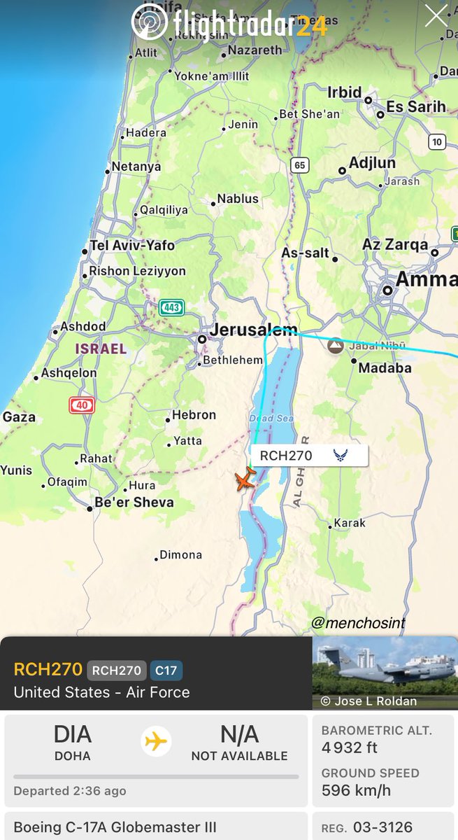 🚨 USAF C-17 Cargo Plane from Al Udeid Air Base, Qatar 🇶🇦 directly landing in Nevatim Air Base 🇮🇱 

First time see transiting via Jordan, it looks like efforts to hide this flight has failed. (RCH270 reg 03-3126)