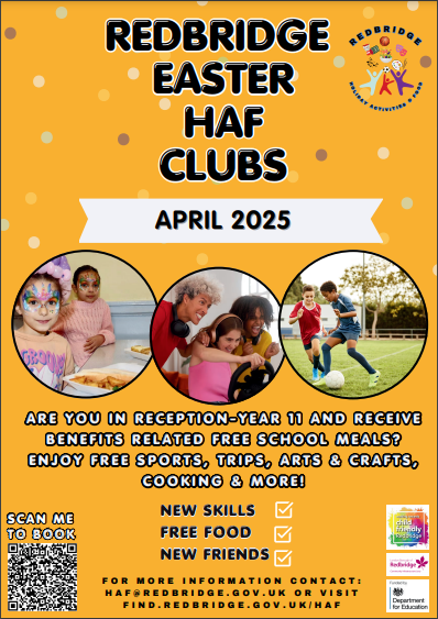 RayLodgePrimary's tweet photo. HAF is the official Holiday Activities & Food programme funded by the DfE (Department of Education) for families in receipt of benefits-related Free School Meals. Easter bookings are now open. Use the QR code to join. #RLfamilies #opport https://t.co/CaksAW673a