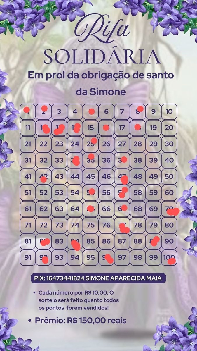Bom dia guerreiros💞
Me ajuda nesta rifa.
Sorteio de R$ 150,00.
Custa só R$ 10,00 cada número.