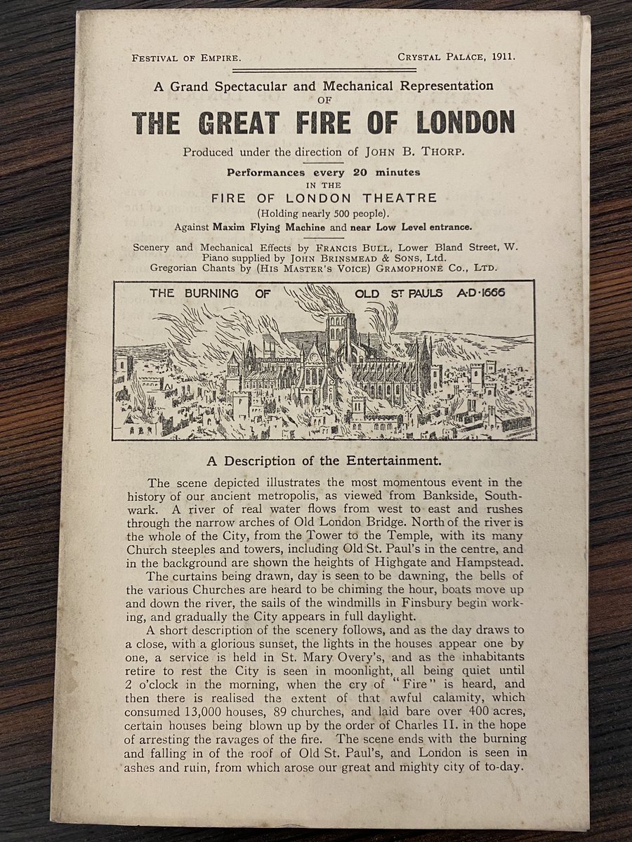 thorparchiveaub's tweet image. A rare copy of the handout given to visitors attending Thorp's 'Great Fire of London' performances at the 1911 Festival of Empire. A huge model of 17th century London 'burned' in front of an astonished audience, a very cleverly animated model that proved to be extremely popular.