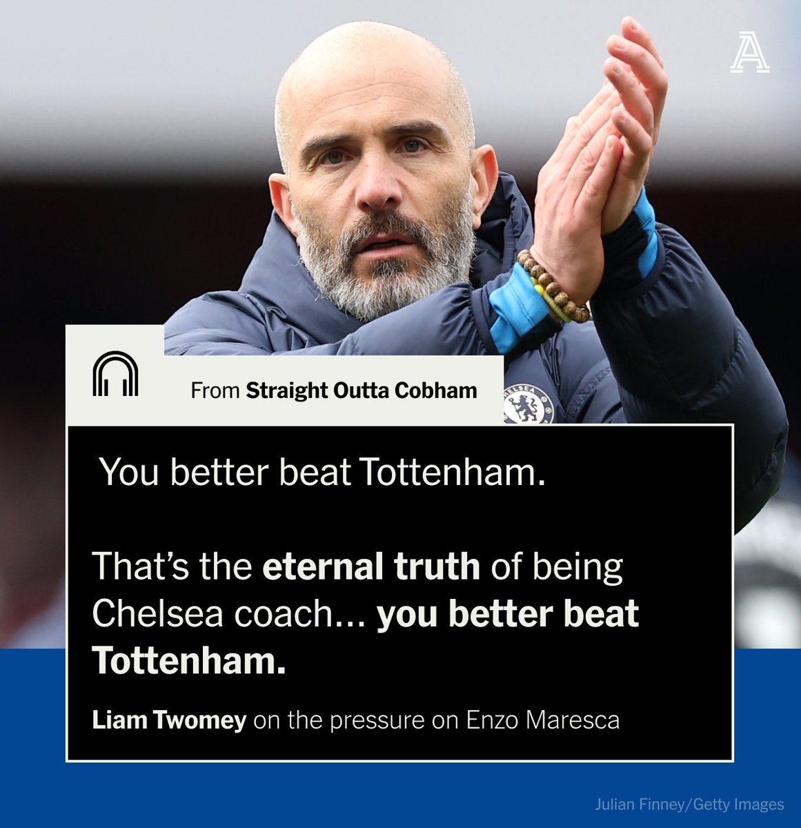 Is tomorrow's visit of Tottenham a must win for Enzo Maresca? 🤔

Chelsea have won more Premier League games and scored more Premier League goals against Spurs than they have vs any other opponent 👀

Our latest pod will get you ready 👉 pod.fo/e/2c0a89

#CFC