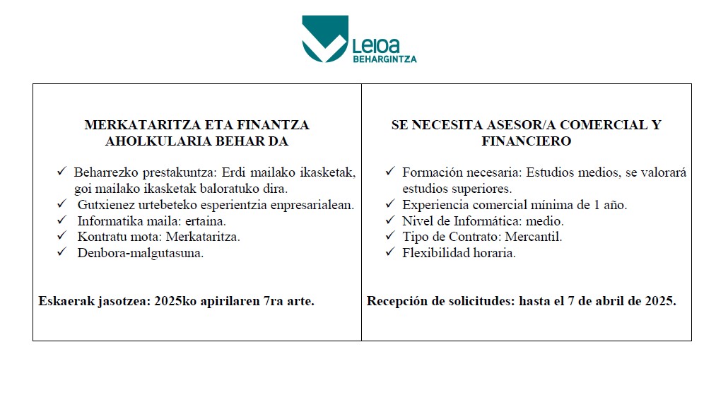 LAN ESKAINTZA. Bidali CV a behargintza@leioa.eus edo apunta zaitez gure web orrian behargintzaleioa.net
OFERTA EMPLEO: Manda tu CV a behargintza@leioa.eus o apúntate en nuestra web behargintzaleioa.net
#laneskaintza #lana #ofertadetrabajo #oferta #trabajo #behargintzaleioa