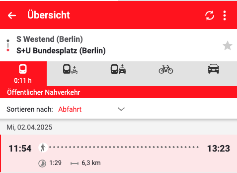 k_henze's tweet photo. "Healthy Berlin": 
Wenn sogar die Fahrplanauskunft den Weg zu Fuß empfiehlt...

#A100 #Brückenchaos https://t.co/WtEVGD56XJ